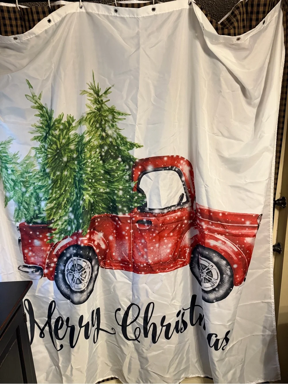 Red Vintage Truck Christmas Shower Curtain with Trees